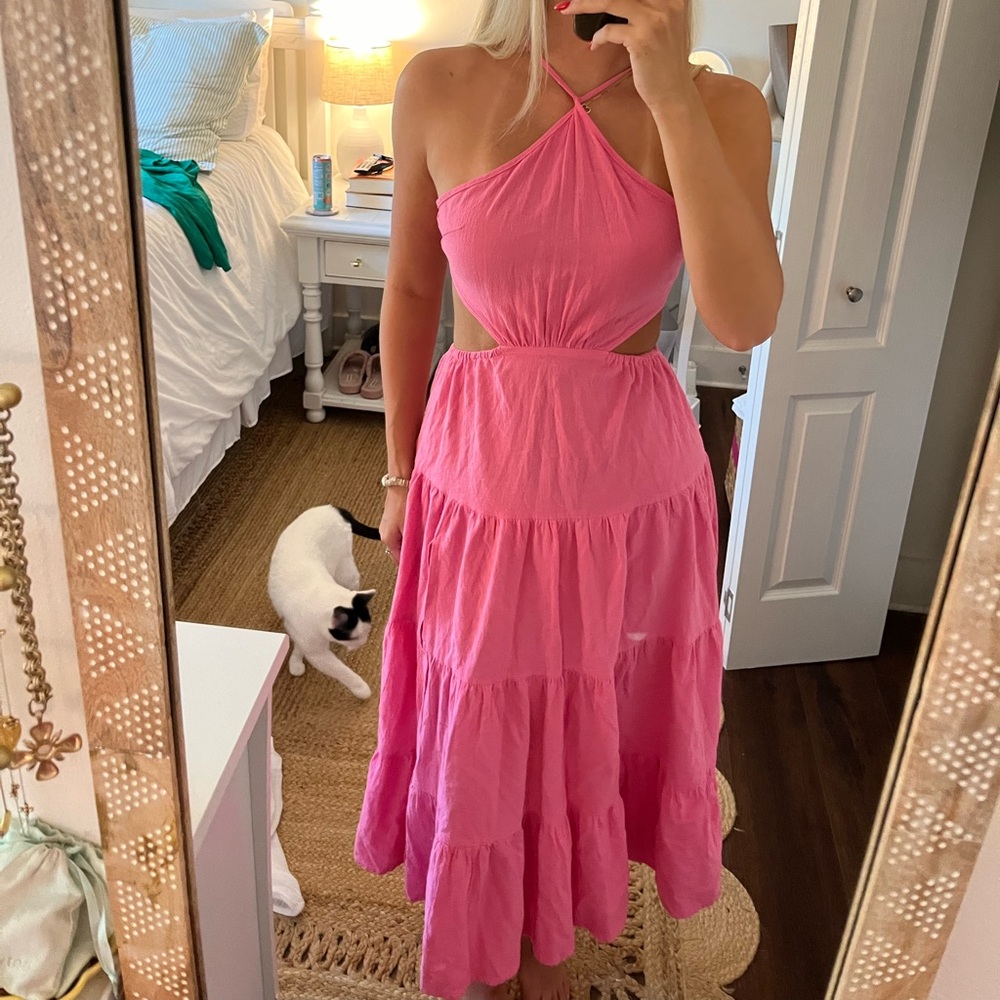 SHEIN Pink Tiered Ruffled Halter Sundress